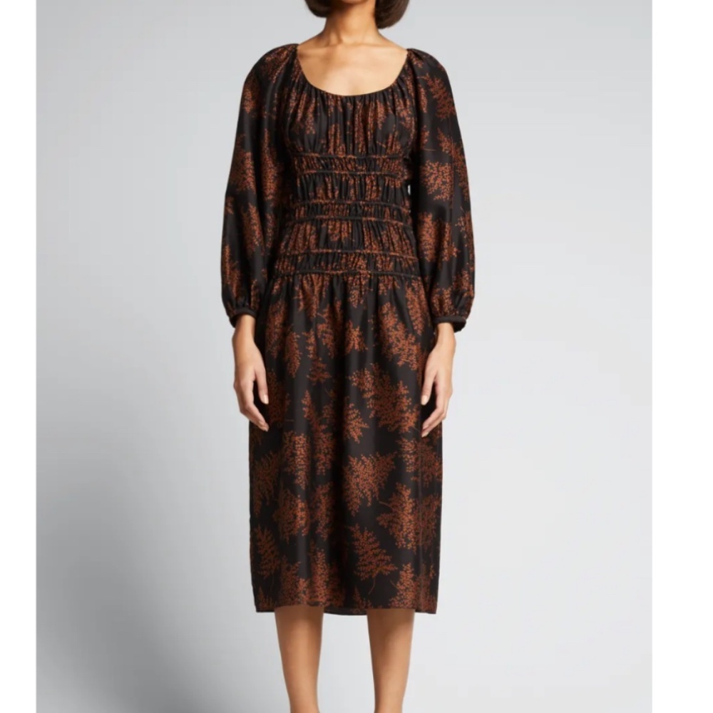 Rebecca Taylor Arden Fern Black & Rust Silk Midi Dress Size XL